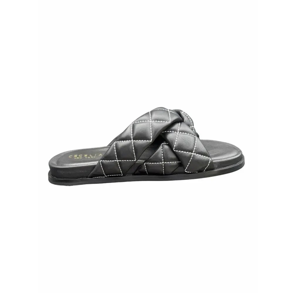 Cecelia New York Ellie Quilted Braided Leather Slide Sandals Black  5.5 NIB